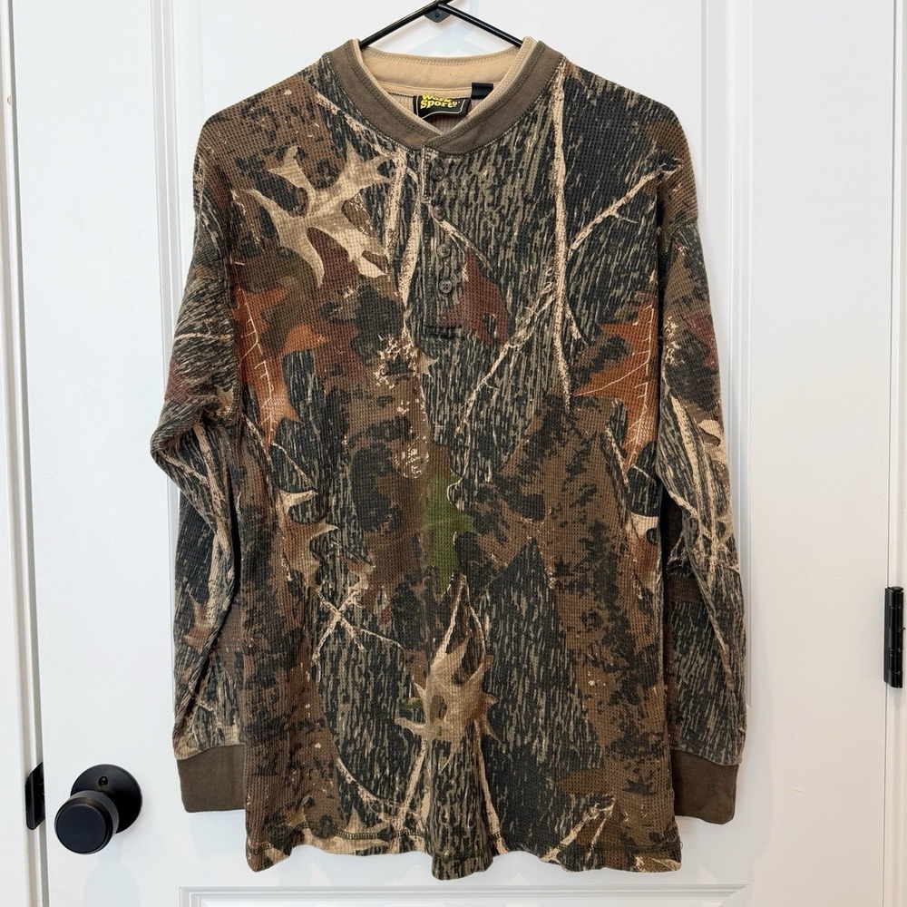 Work N Sport Mens Camo Waffle Knit Thermo Henley Top Medium Base Layer Hunter